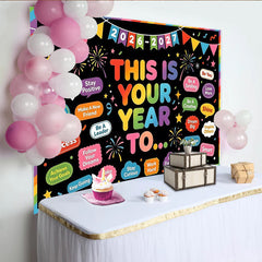 Lofaris Bunter Neujahrs-Motivationshintergrund mit inspirierenden Sprüchen und Regenbogenrand, fröhliche Kulisse für Schulanfang