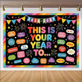 Lofaris Bunter Neujahrs-Motivationshintergrund mit inspirierenden Sprüchen und Regenbogenrand, fröhliche Kulisse für Schulanfang