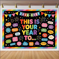 Lofaris Bunter Neujahrs-Motivationshintergrund mit inspirierenden Sprüchen und Regenbogenrand, fröhliche Kulisse für Schulanfang