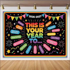 Lofaris Bunter Neujahrsparty-Hintergrund mit motivierenden Sprüchen und Konfetti, festliche Fotowand für Silvesterfeier und Eventdekoration
