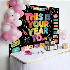 Lofaris Bunter Neujahrshintergrund mit motivierenden Sprüchen und Regenbogenrand, fröhliche Kulisse für Silvesterparty und Fotoshooting