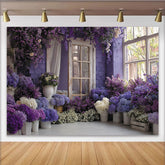 Lofaris Romantischer lila Blumen-Fenster-Ziegelwand-Hintergrund, für Hochzeiten, Babypartys und elegante Fotoshootings