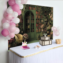 Lofaris. Grüne Bücherregale, rosa Kirschblüten und Rosen Hintergrund, für Partys, Geburtstage und Fotoshootings, Wanddekoration.