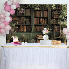 Lofaris Vintage-Bücherregal-Partyhintergrund mit Blumen und Pflanzen, für Fotoshootings, Märchenwald-Stil