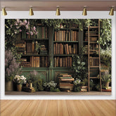 Lofaris Vintage-Bücherregal-Partyhintergrund mit Blumen und Pflanzen, für Fotoshootings, Märchenwald-Stil