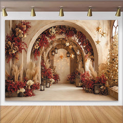 Lofaris Festlicher Winter-Partyhintergrund mit roten Blumen und goldenen Sternen, elegante Bogenkulisse für Weihnachten