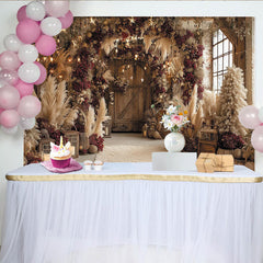 Lofaris Rustikaler Pampasgras-Hintergrund mit roten Beeren und Lichterkette, für Weihnachten und Winterpartys