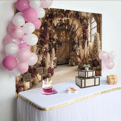 Lofaris Rustikaler Pampasgras-Hintergrund mit roten Beeren und Lichterkette, für Weihnachten und Winterpartys