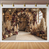 Lofaris Rustikaler Pampasgras-Hintergrund mit roten Beeren und Lichterkette, für Weihnachten und Winterpartys