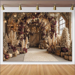 Lofaris Rustikaler Pampasgras-Hintergrund mit roten Beeren und Lichterkette, für Weihnachten und Winterpartys