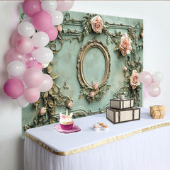 Lofaris Vintage Barock Rosen Partyhintergrund, elegantes mintgrünes Design mit goldenem Rahmen für Hochzeiten und Porträts