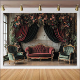 Lofaris Eleganter Vintage-Blumenbogen-Partyhintergrund mit Samtvorhängen, romantische Fotokulisse für Hochzeiten