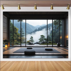 Lofaris Malerischer Nebelberg-Landschaftshintergrund, grüner Wald und japanischer Zen-Garten, für Meditation und Entspannung