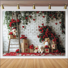 Lofaris Romantischer Valentinstagshintergrund mit roten Rosen, Herzen und Teddybären, weißer Ziegelwand und Holzleiter für Liebesfeier