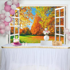 Lofaris Herbstlandschaft-Fensterhintergrund mit bunten Herbstbäumen und blauem Himmel, ideal für Fotostudio und Wanddekoration