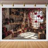 Lofaris Romantischer Valentinstags-Fotohintergrund mit roten Blumen und Herzen, rustikales Holzfenster für Paarfotoshooting