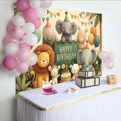 Lofaris Niedlicher bunter Dschungel Tier-Geburtstagshintergrund mit Ballons, Kuchen und Partyhüten für Kindergeburtstagsfeier