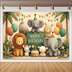 Lofaris Niedlicher bunter Dschungel Tier-Geburtstagshintergrund mit Ballons, Kuchen und Partyhüten für Kindergeburtstagsfeier
