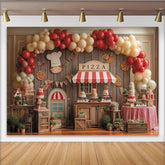 Lofaris Rustikaler Pizza-Party Geburtstagshintergrund mit Kochmütze und roten cremefarbenen Luftballons, für Kindergeburtstagsfeier