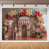 Lofaris Lebhafter Pizzeria-Geburtstagshintergrund in Rot und Creme, mit Luftballons, Pizzaofen und Kuchen für die Partydekoration