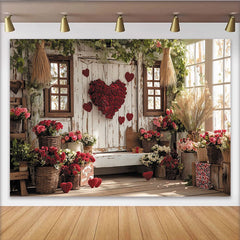 Lofaris Rustikaler Valentinstagshintergrund mit roten Rosen, rosa Blumen und Herzen, Holzwand für romantische Liebesfeiern