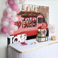 Lofaris Rosa Lieferwagen Valentinstag Fotohintergrund mit roten Rosen, Herzen und Teddybären für romantische Paarfotos