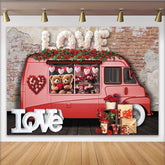 Lofaris Rosa Lieferwagen Valentinstag Fotohintergrund mit roten Rosen, Herzen und Teddybären für romantische Paarfotos