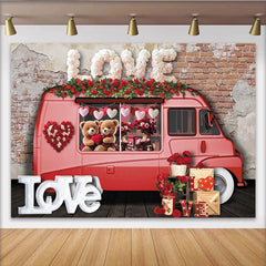 Lofaris Rosa Lieferwagen Valentinstag Fotohintergrund mit roten Rosen, Herzen und Teddybären für romantische Paarfotos