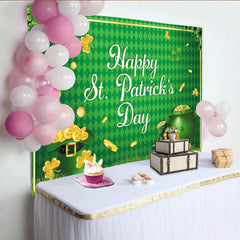 Lofaris Grüner St. Patrick's Day Hintergrund mit Kleeblättern und Goldmünzen, Topf voller Gold Hufeisen für irische Party