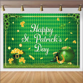 Lofaris Grüner St. Patrick's Day Hintergrund mit Kleeblättern und Goldmünzen, Topf voller Gold Hufeisen für irische Party