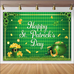 Lofaris Grüner St. Patrick's Day Hintergrund mit Kleeblättern und Goldmünzen, Topf voller Gold Hufeisen für irische Party