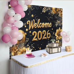Lofaris Eleganter schwarz-goldener Neujahrshintergrund mit "Welcome 2026" Schriftzug, Blumen und funkelndem Feuerwerk für Silvesterparty