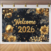 Lofaris Eleganter schwarz-goldener Neujahrshintergrund mit "Welcome 2026" Schriftzug, Blumen und funkelndem Feuerwerk für Silvesterparty