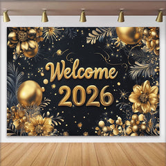 Lofaris Eleganter schwarz-goldener Neujahrshintergrund mit "Welcome 2026" Schriftzug, Blumen und funkelndem Feuerwerk für Silvesterparty