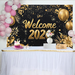 Lofaris Gold-schwarzer Neujahrshintergrund mit Ballons Glitzer und Blumen, elegante Silvesterparty-Dekoration 2026