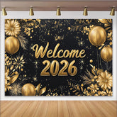Lofaris Gold-schwarzer Neujahrshintergrund mit Ballons Glitzer und Blumen, elegante Silvesterparty-Dekoration 2026