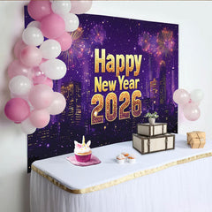 Lofaris Goldglitzer Happy New Year 2026 Neujahrshintergrund, lila Stadtbild Feuerwerk Party Dekoration für Silvester Feier