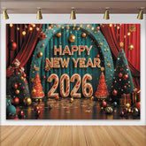 Lofaris Festlicher Neujahr 2026 Hintergrund mit roten und türkisen Vorhängen, goldenen Sternen und Weihnachtsbäumen für Party