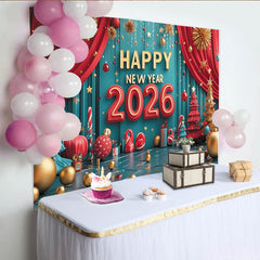 Lofaris Festlicher Neujahrs-Hintergrund mit goldenen Kugeln und roten Vorhängen, für eine glanzvolle Silvesterparty