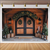 Lofaris Rustikaler Weihnachtstür-Hintergrund aus Holz, mit beleuchteter Girlande, Kränzen und Tannenbäumen für Winterdekoration