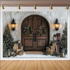 Lofaris Rustikaler Holztür-Weihnachtshintergrund mit beleuchteten Kränzen und Tannenbäumen, festliche Winterdekoration für Fotostudio