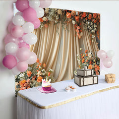Lofaris Eleganter Blumenfotohintergrund mit beigen Vorhängen und orangefarbenen Pfirsichblüten, für Hochzeiten und Porträts