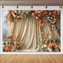Lofaris Eleganter Blumenfotohintergrund mit beigen Vorhängen und orangefarbenen Pfirsichblüten, für Hochzeiten und Porträts