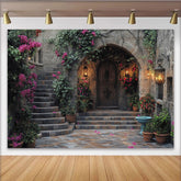 Lofaris Romantischer Blumenhof Fotohintergrund mit Steintreppe, Holztür und Laternen für Porträts