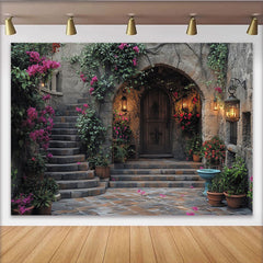 Lofaris Romantischer Blumenhof Fotohintergrund mit Steintreppe, Holztür und Laternen für Porträts