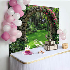 Lofaris Romantischer Garten-Fotohintergrund mit Steinbogen und rosa Rosen, für natürliche Porträts und Hochzeitsfotografie