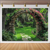 Lofaris Romantischer Garten-Fotohintergrund mit Steinbogen und rosa Rosen, für natürliche Porträts und Hochzeitsfotografie