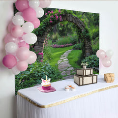 Lofaris Gartenbogen-Hintergrund mit Steinpfad und rosa Blumen, idyllisch grün mit üppigem Laub für Fotostudio-Requisiten
