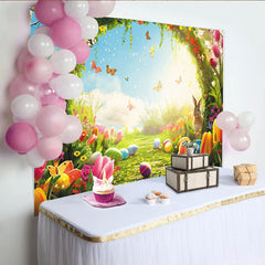 Lofaris Farbenfroher Frühlings Oster Fotohintergrund mit süßem Hasen, bunten Ostereiern und blühenden Tulpen, ideal für Porträts