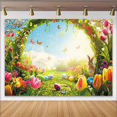 Lofaris Farbenfroher Frühlings Oster Fotohintergrund mit süßem Hasen, bunten Ostereiern und blühenden Tulpen, ideal für Porträts